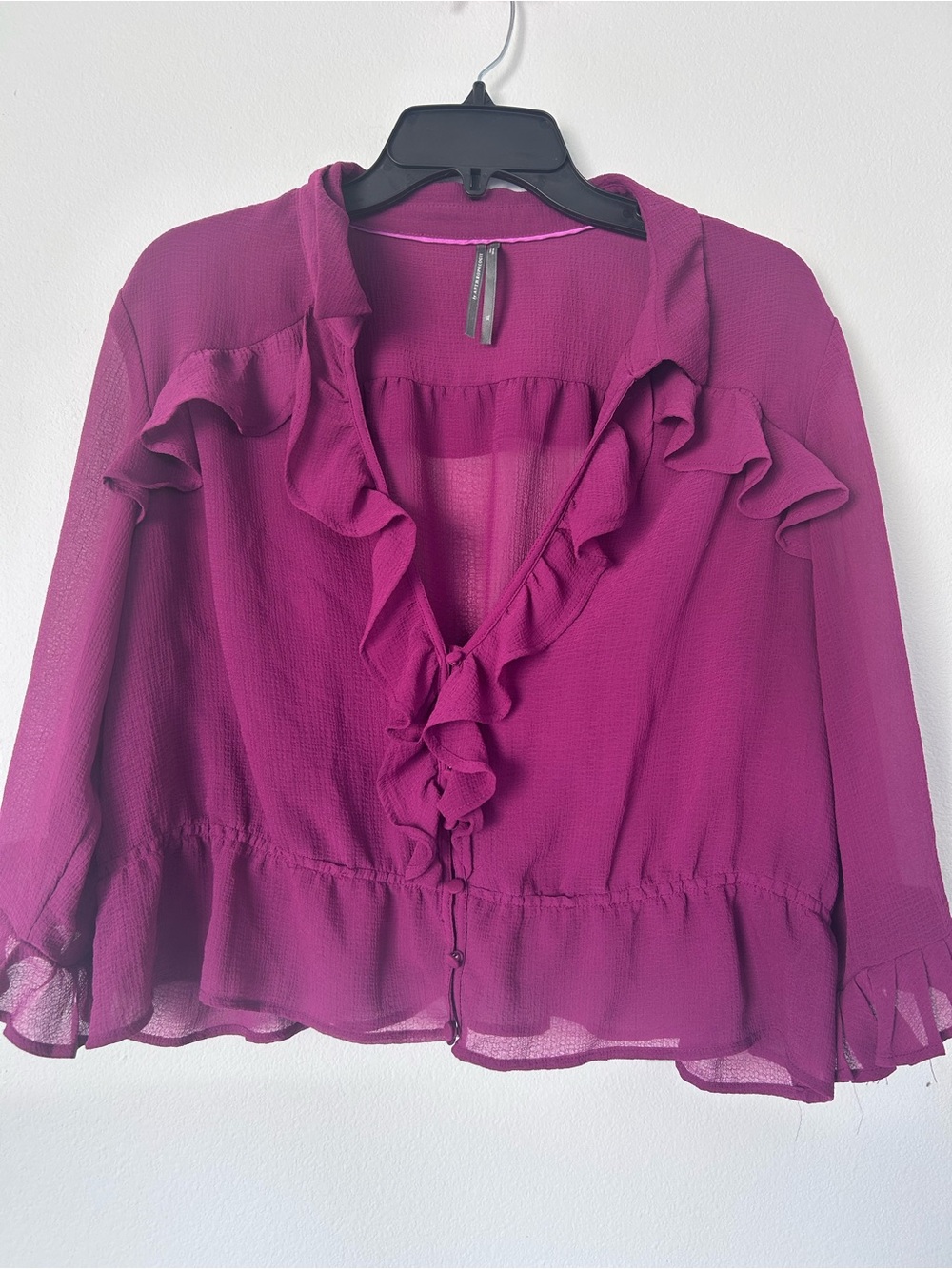 NWOT Anthropologie Ruffled V-Neck Sheer Blouse in Magenta Size XL